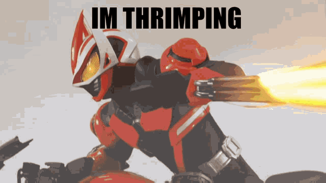 a robot is riding a motorcycle and the words im thripping are above it