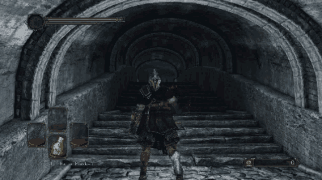 a video game screen shows a knight standing in a dark room