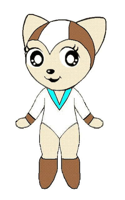 a cartoon drawing of a cat wearing a white leotard and brown boots