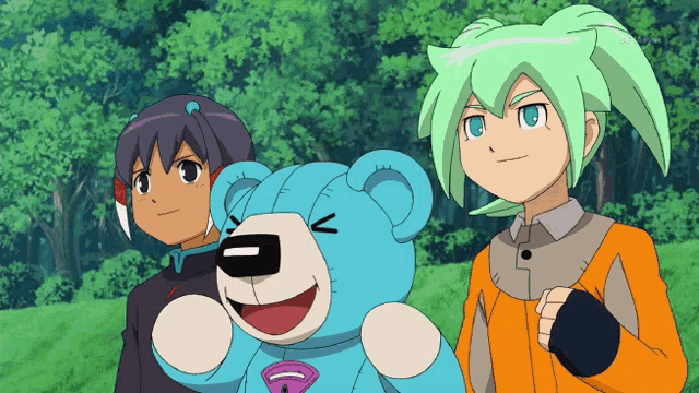 two anime characters standing next to a blue teddy bear with a purple heart on its chest