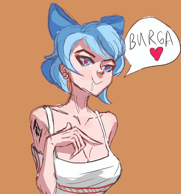 a drawing of a girl with a speech bubble that says " burga "