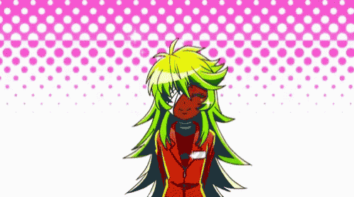 a girl with green hair and a bandage on her eye is standing in front of a tv .