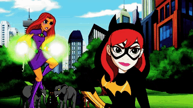 a cartoon of starfire and batgirl fighting elephants in a park