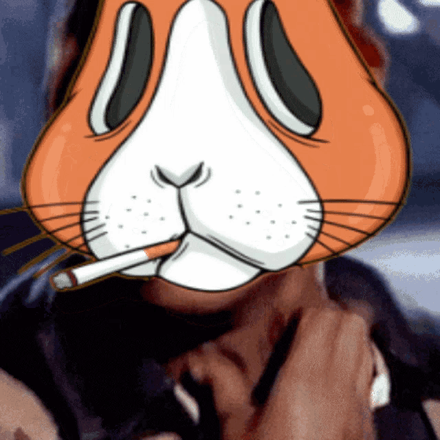 a cartoon cat is smoking a cigarette in front of a person 's face