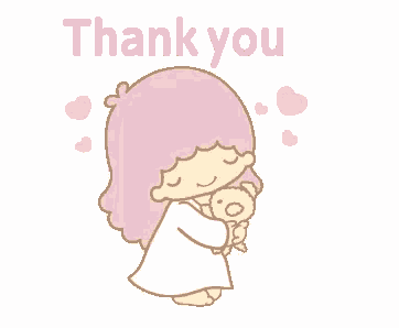 a little twin stars cartoon girl is hugging a stuffed animal and saying thank you .