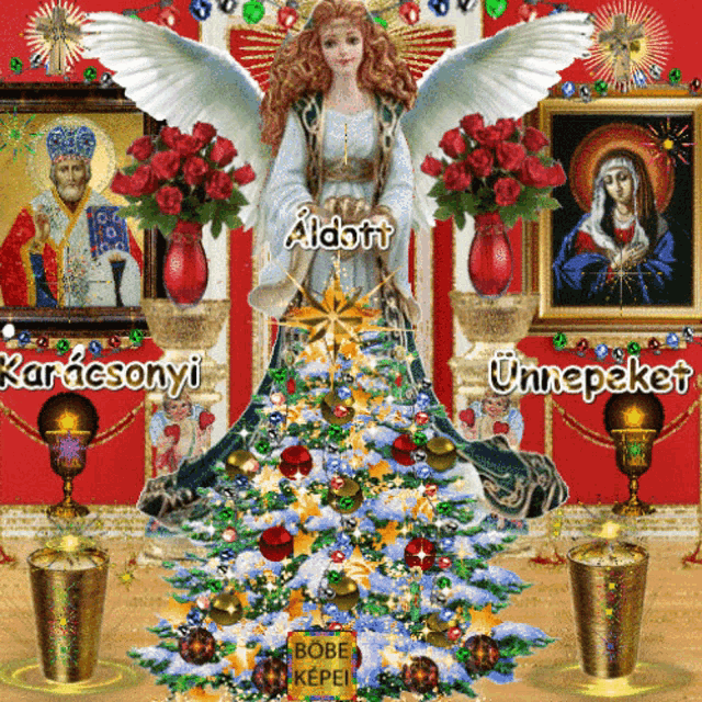 a christmas card with an angel and a christmas tree with the words karacsonyi unnepaket
