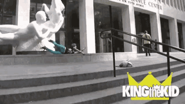 a king of the kid ad shows a person riding a skateboard on a set of stairs