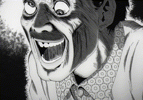 a black and white drawing of a clown making a funny face