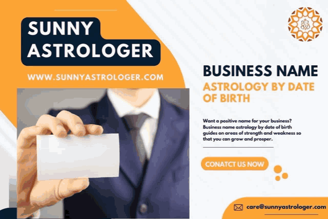 an advertisement for sunny astrologer shows a man holding a business card in his hand