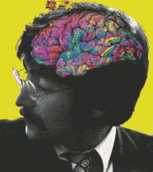 a man with glasses and a colorful brain in his head