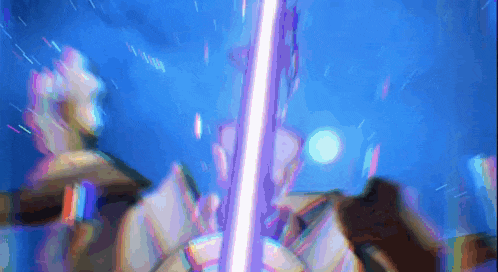 a person is holding a purple sword in a blue background .