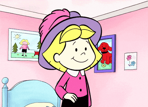 a cartoon girl wearing a pink hat stands in front of a bed