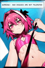 a girl with pink hair is wearing a pink bikini and holding a black leash .
