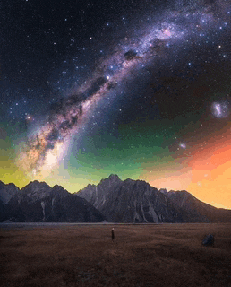 a person stands in a field under a starry night sky