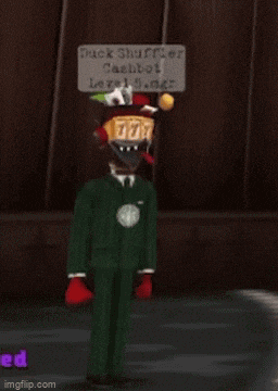 a duck shuffler is standing in front of a sign that says duck shuffler cashbot
