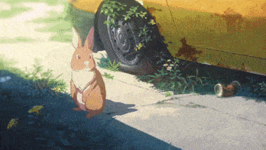 a brown and white rabbit is standing next to a yellow car