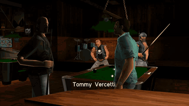 tommy vercetti is standing in front of a pool table in a dark room