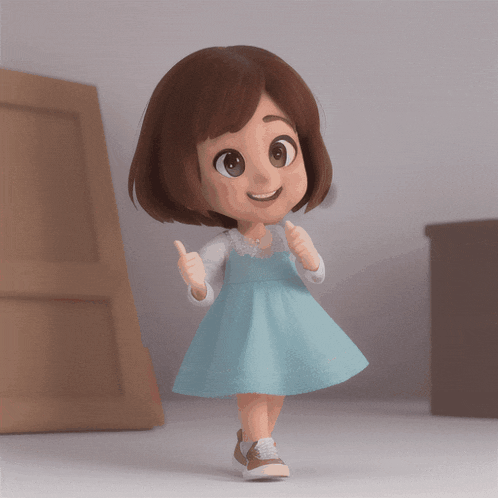 a little girl in a blue dress gives a thumbs up