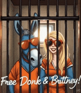 a cartoon of a donkey and a woman behind bars with the words free donk & britney .