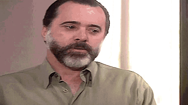 a man with a beard and a green shirt is looking at the camera