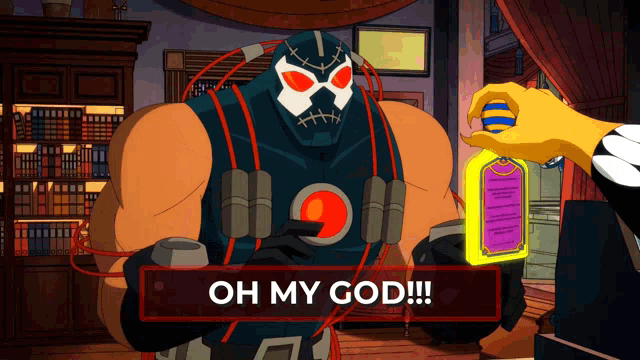 a cartoon character is holding a bottle of liquid and says oh my god