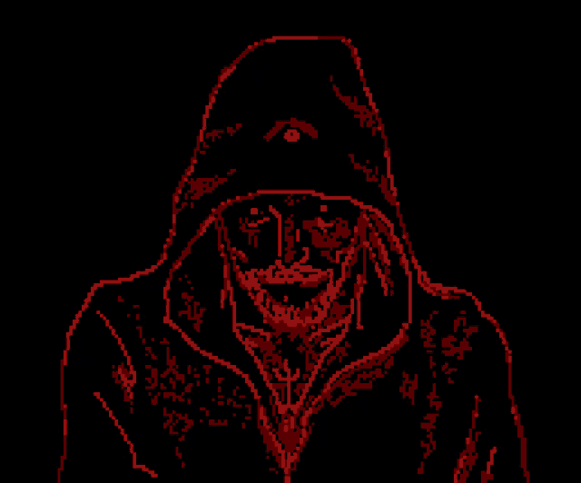 a pixel art of a person wearing a hooded jacket and a hat