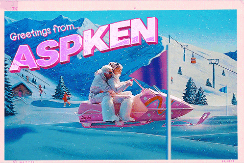 a postcard that says greetings from aspken with a couple on a snowmobile
