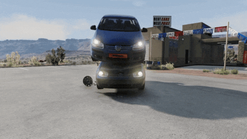 a blue car is driving in front of a best cars best price sign