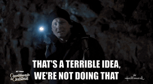 a man holding a flashlight with the words that 's a terrible idea we 're not doing that behind him
