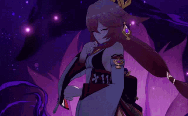 a purple and red anime character with a cross on her chest is standing in front of a purple background .