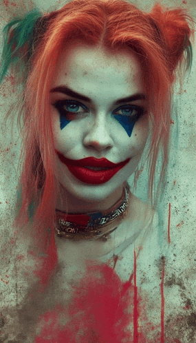 a woman with red hair is dressed up as a clown