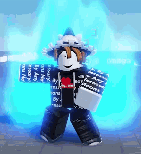a roblox character with a hat and a shirt that says " by any means "