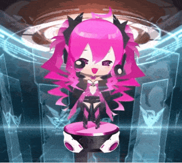 a cartoon girl with pink hair and headphones stands on a podium with the word game on it
