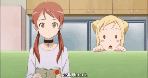 two anime girls are standing next to each other and one of them says nom nom nom nom nom