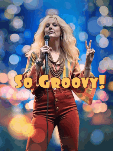a woman singing into a microphone with the words so groovy written above her
