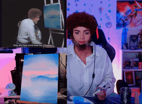 a woman in a bob ross costume is painting a picture
