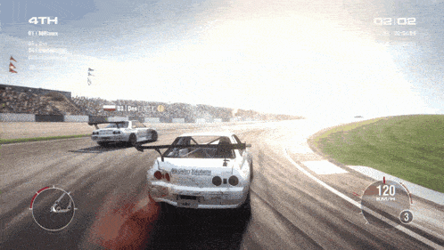 a video game screen shows two cars racing on a track and the number 4th is on the screen