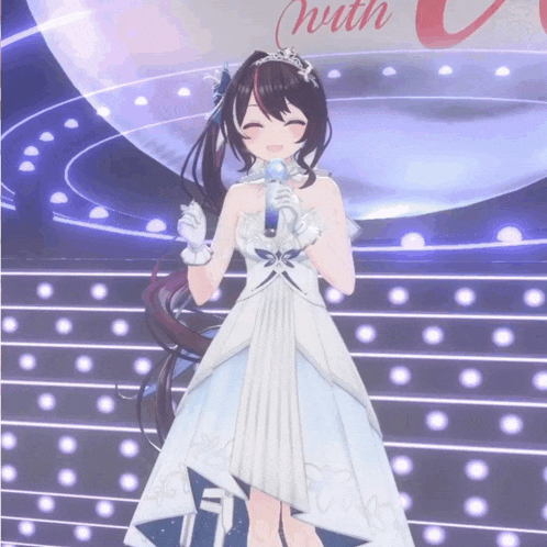 a girl in a white dress is holding a microphone in front of a sign that says " with u "