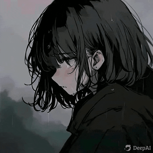 a black and white drawing of a sad anime girl in the rain