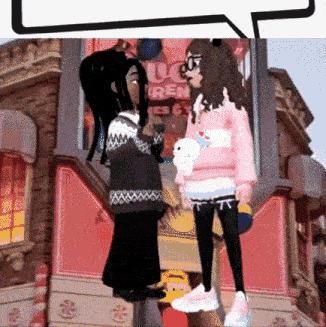 a girl in a pink sweater is standing next to another girl in a black sweater