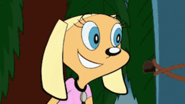 a cartoon dog is smiling and looking at something