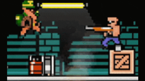 a video game shows a man holding a gun and another man holding a sword