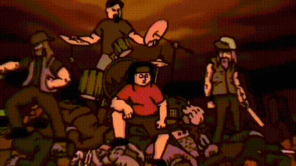 a cartoon of a band standing next to each other on a stage with a red background .