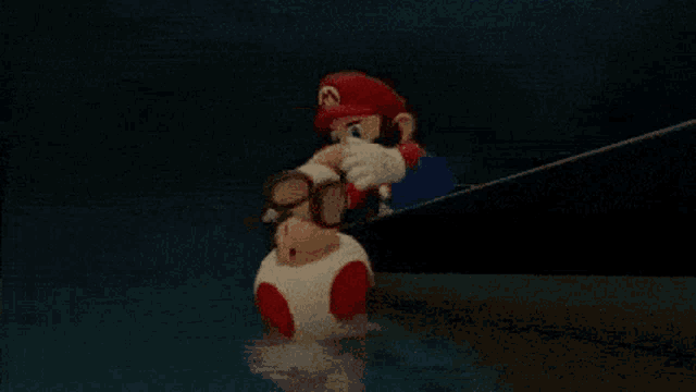 a mario and a toad are floating in a pool of water .