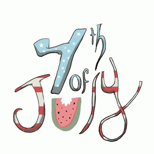 a cartoon drawing of the 7th of july with watermelon and fireworks