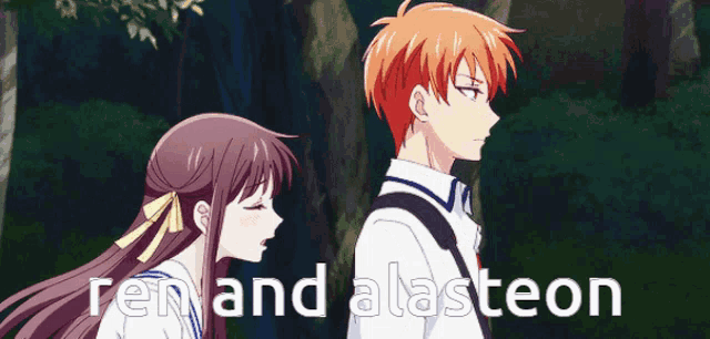 a boy and a girl are standing next to each other with the words " ren and alasteon " in the corner
