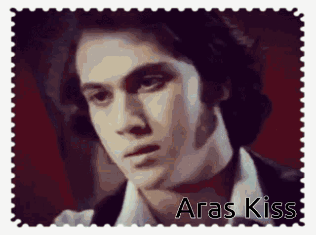 a stamp with a man 's face and the words " aras kiss " on it