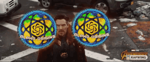 a man is standing in a street with two logos that say alpha origins