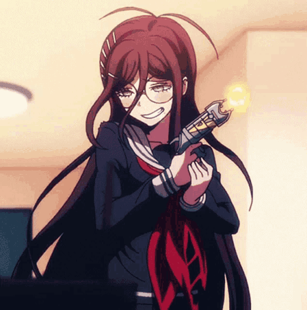 a girl with long hair and glasses is holding a gun with a flame coming out of it