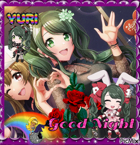 a picture of a girl making a heart with her hands says good night yuri